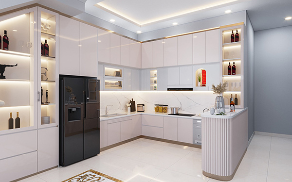 Bố trí nội thất phòng bếp hiện đại với bếp chữ U kết hợp cùng gam màu trắng