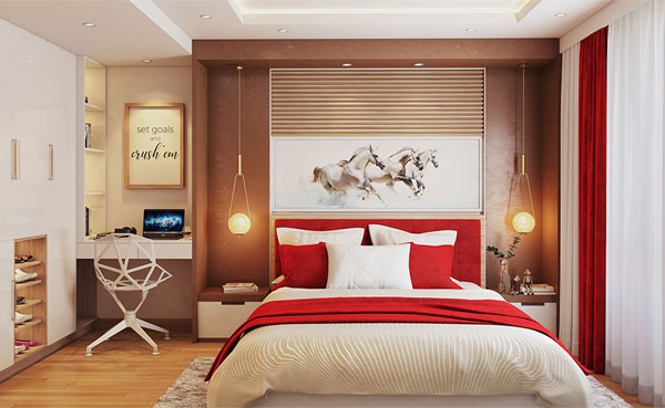 Mẫu 6: Màu đỏ, trắng kết hợp tạo nên sự hài hòa về màu sắc cho phòng ngủ